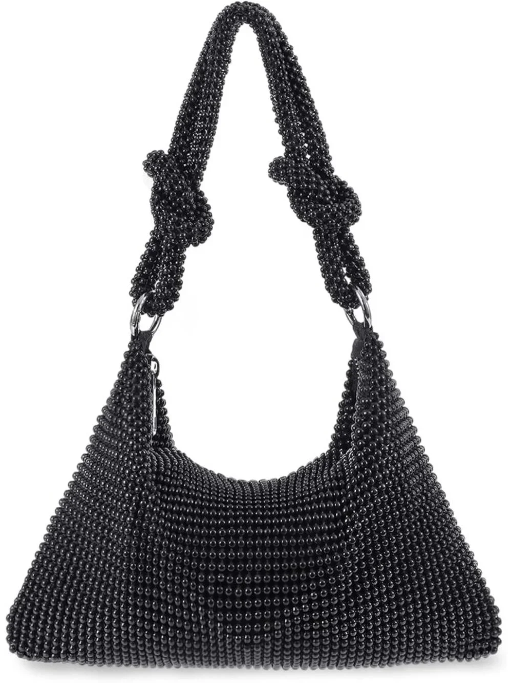 Women’s Black Beads Rhinestone Mesh Clutch Evening Handbag Wedding Party Purse